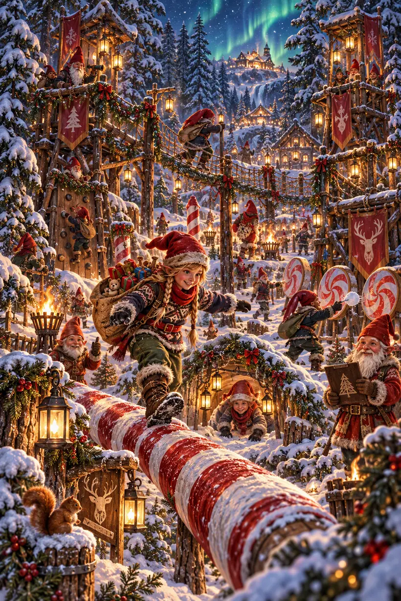 En nisse balanserar över en hinderbana av polkagrisrandiga stockar
